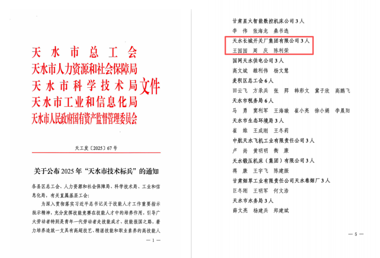 喜報(bào) | 長(zhǎng)開(kāi)廠(chǎng)集團(tuán)三名職工榮獲“天水市技術(shù)標(biāo)兵”稱(chēng)號(hào)